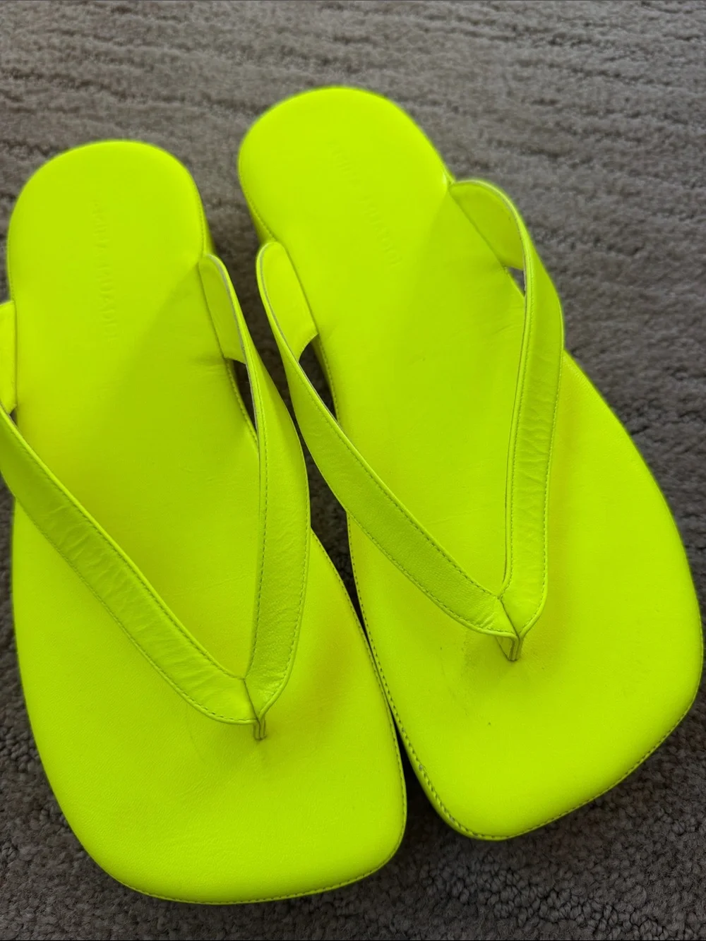 Amina Muaddi Neon Yellow Square-Toe Flip Flop Sandals